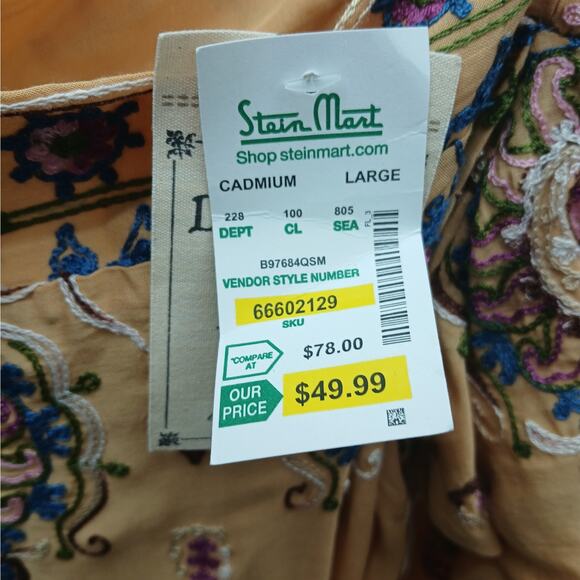 Democracy Embroidered Off the Shoulder Boho Peasant Blouse TanSize Large NWT - Picture 4 of 12